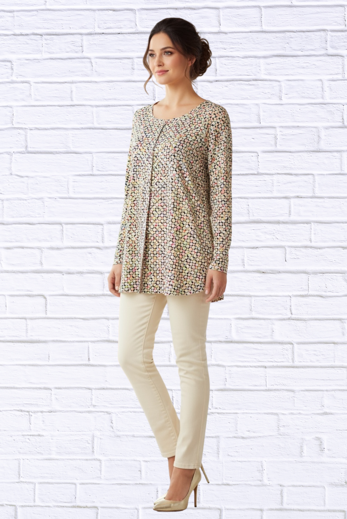 Floral Geometric Print Long Sleeve Woven Blouse – Lightweight Round Neck Tunic Top for Women