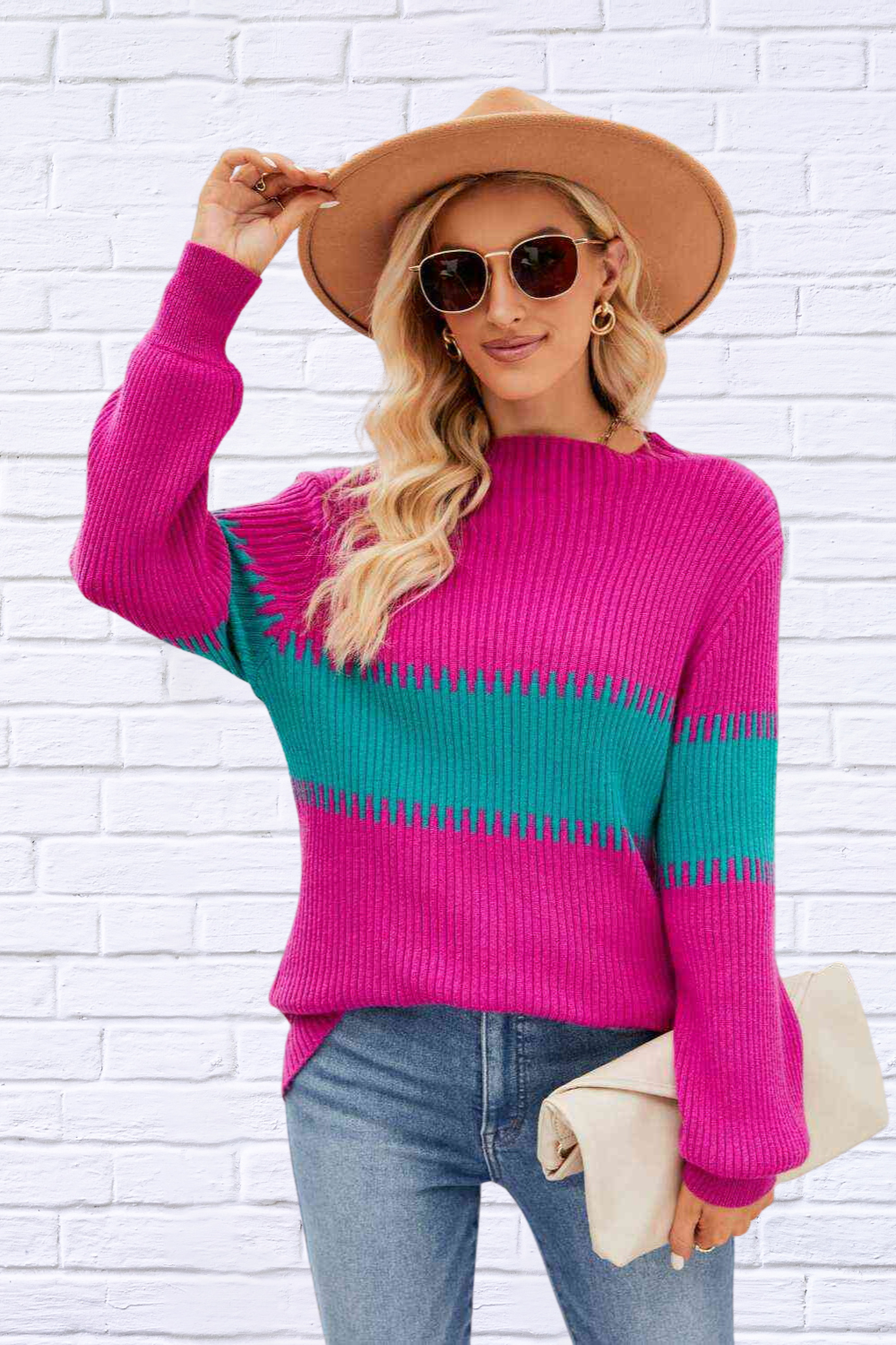 Contrast pink and Teal Round Neck Sweater