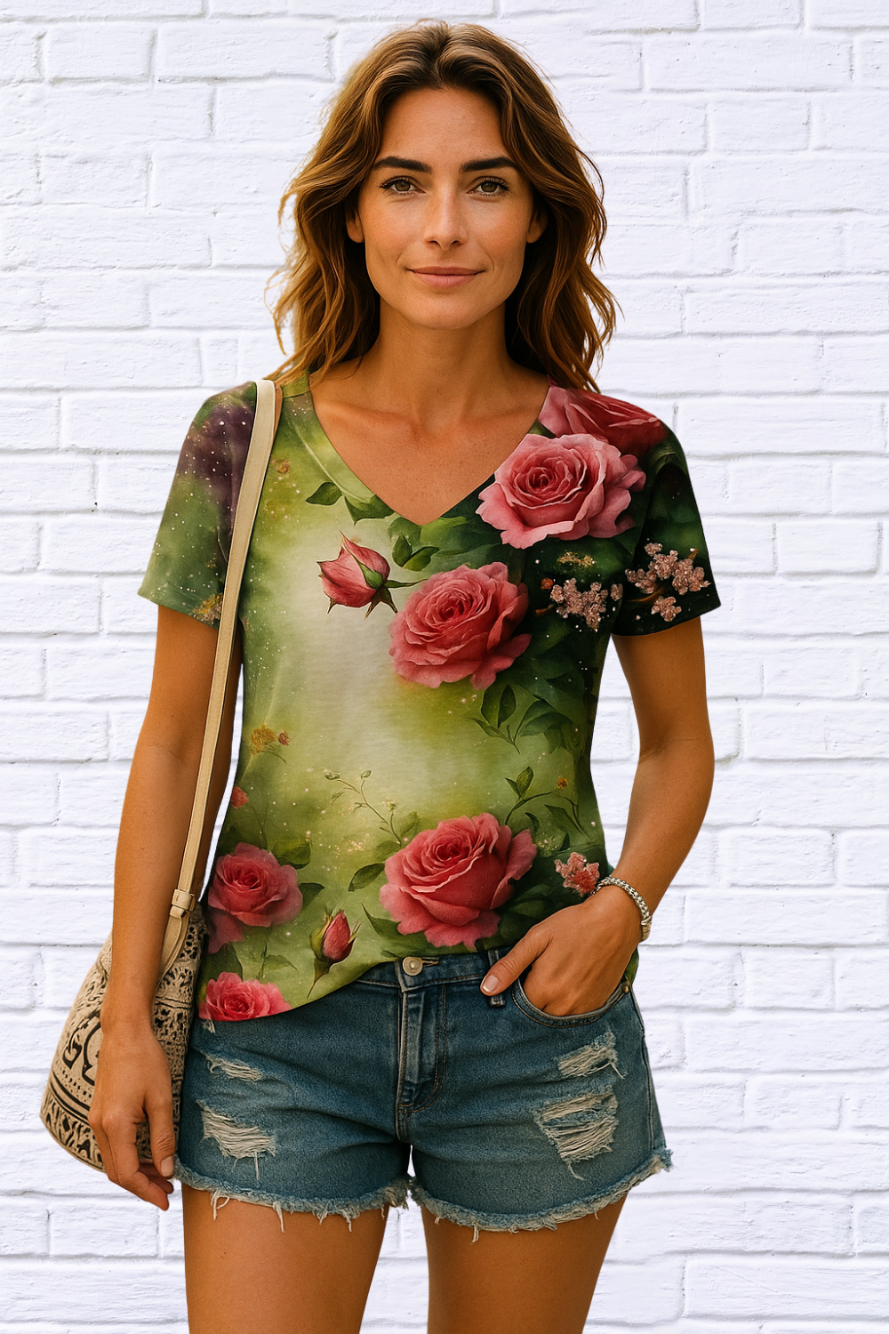 Vibrant Floral Print Short Sleeve V Neck T-Shirt