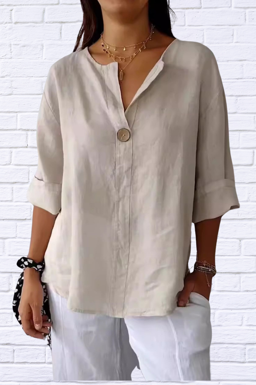 Full Size Linen Blend Notched Blouse Plus Size