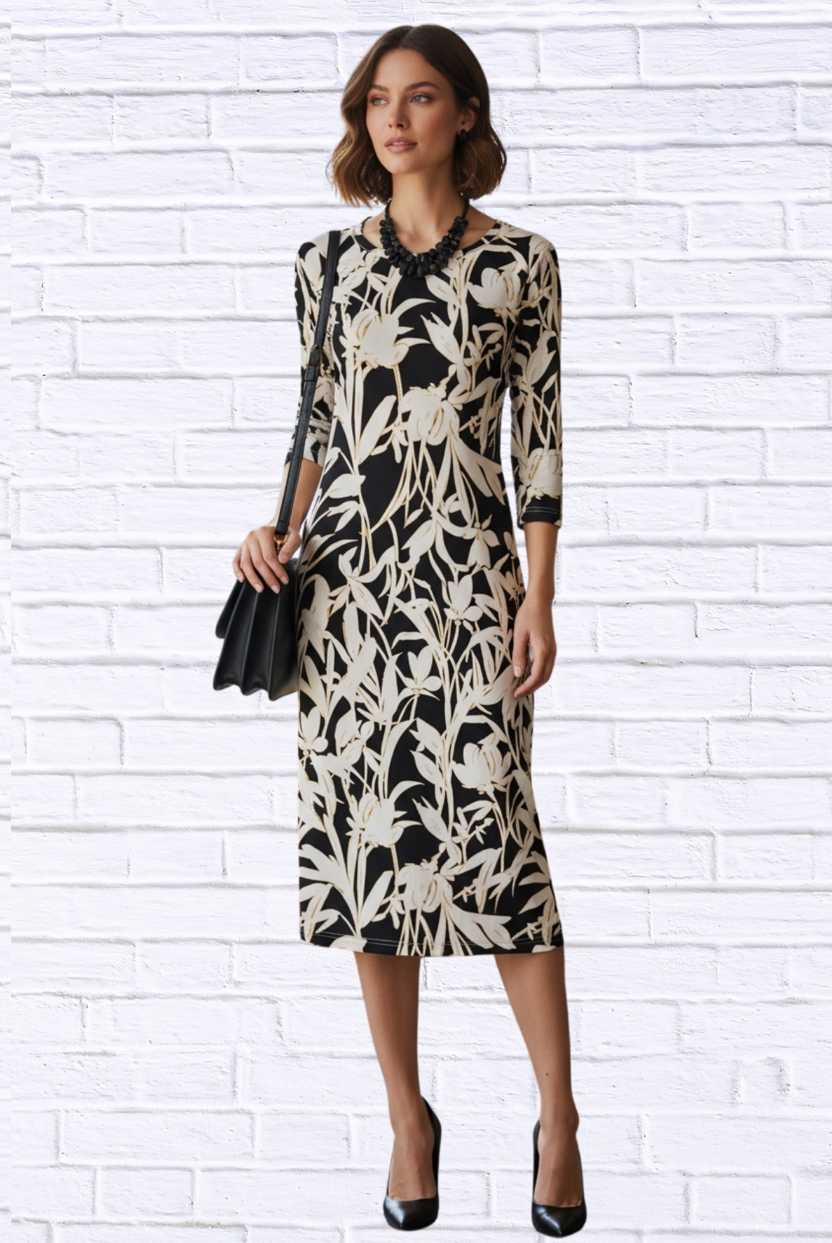 Black & Ivory Floral Knit Midi Dress – 3/4 Sleeve Stretch Bon Bon Dress
