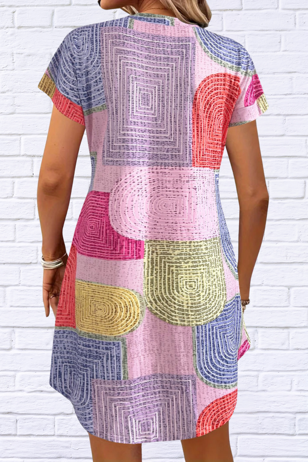 Geometric V-Neck Short Sleeve Button-Front Dress