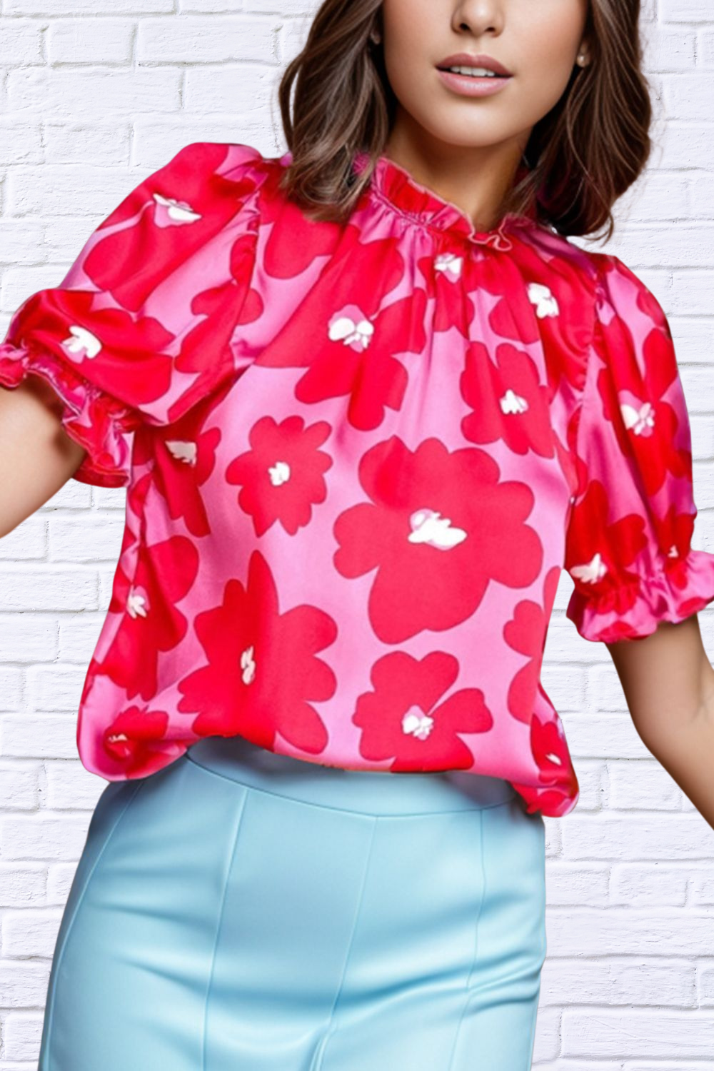 Ruffled Printed Floral Mock Neck Short Sleeve Blouse