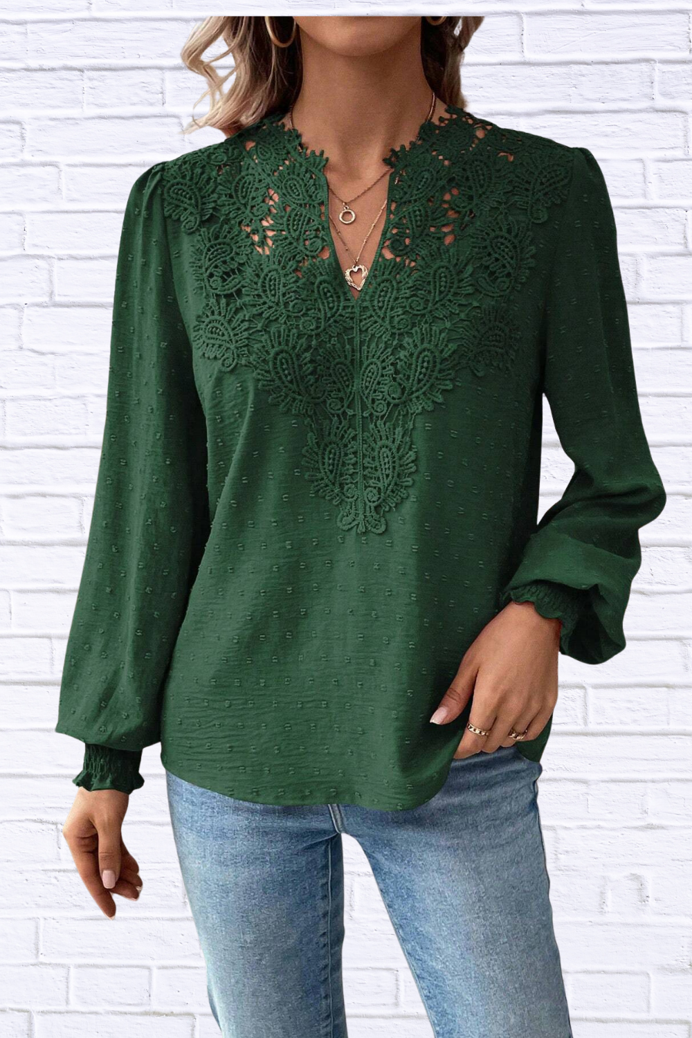 Swiss Dot Lace Detail Long Sleeve Blouse
