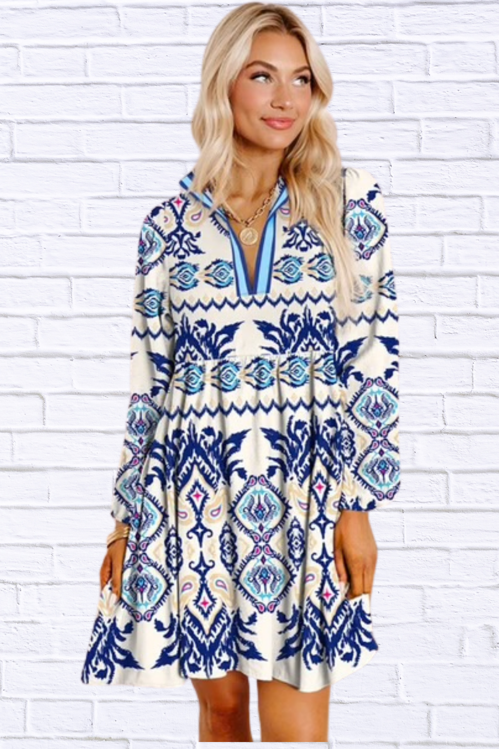 Blue Ethnic Print Striped Split Neck Mini Dress