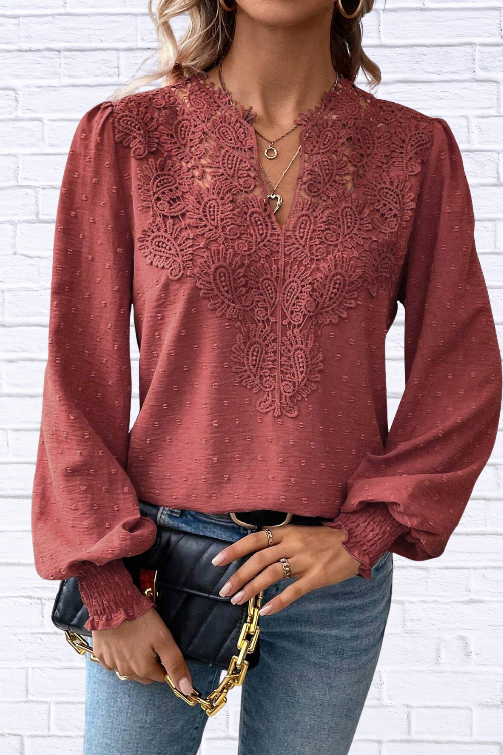 Swiss Dot Lace Detail Long Sleeve Blouse