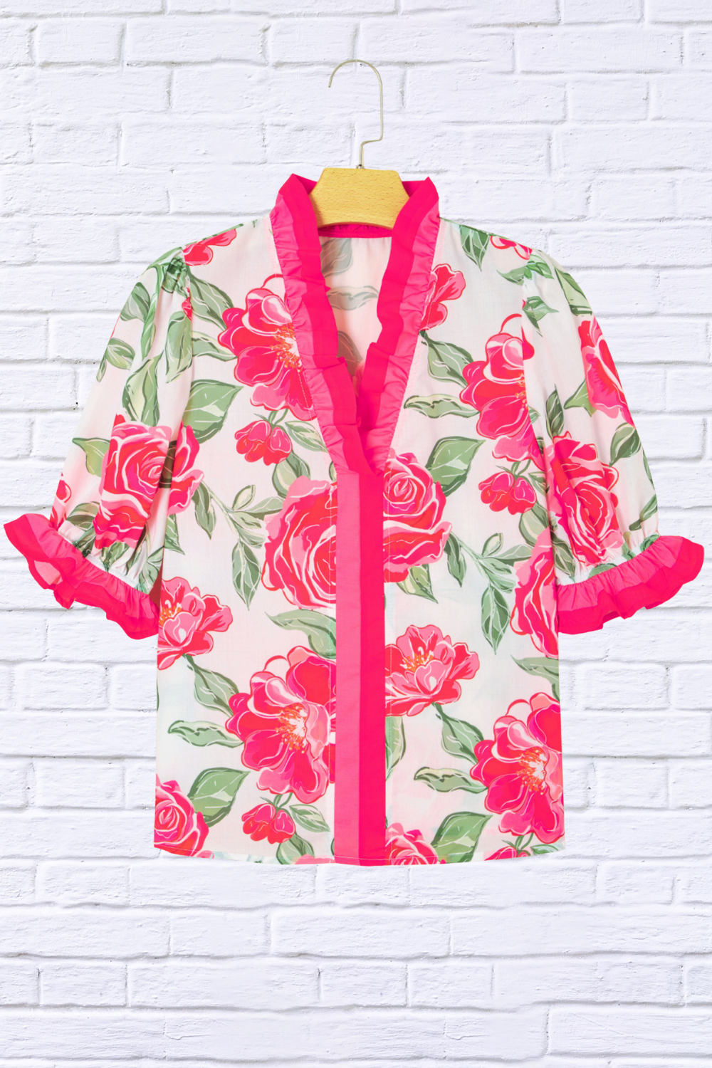 Floral Frilled V-Neck Short Sleeve Blouse