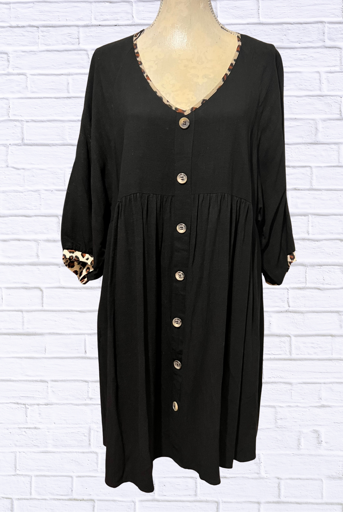 Umgee Black Baby Doll Dress – V-Neck Button-Down with Leopard Trim Detail