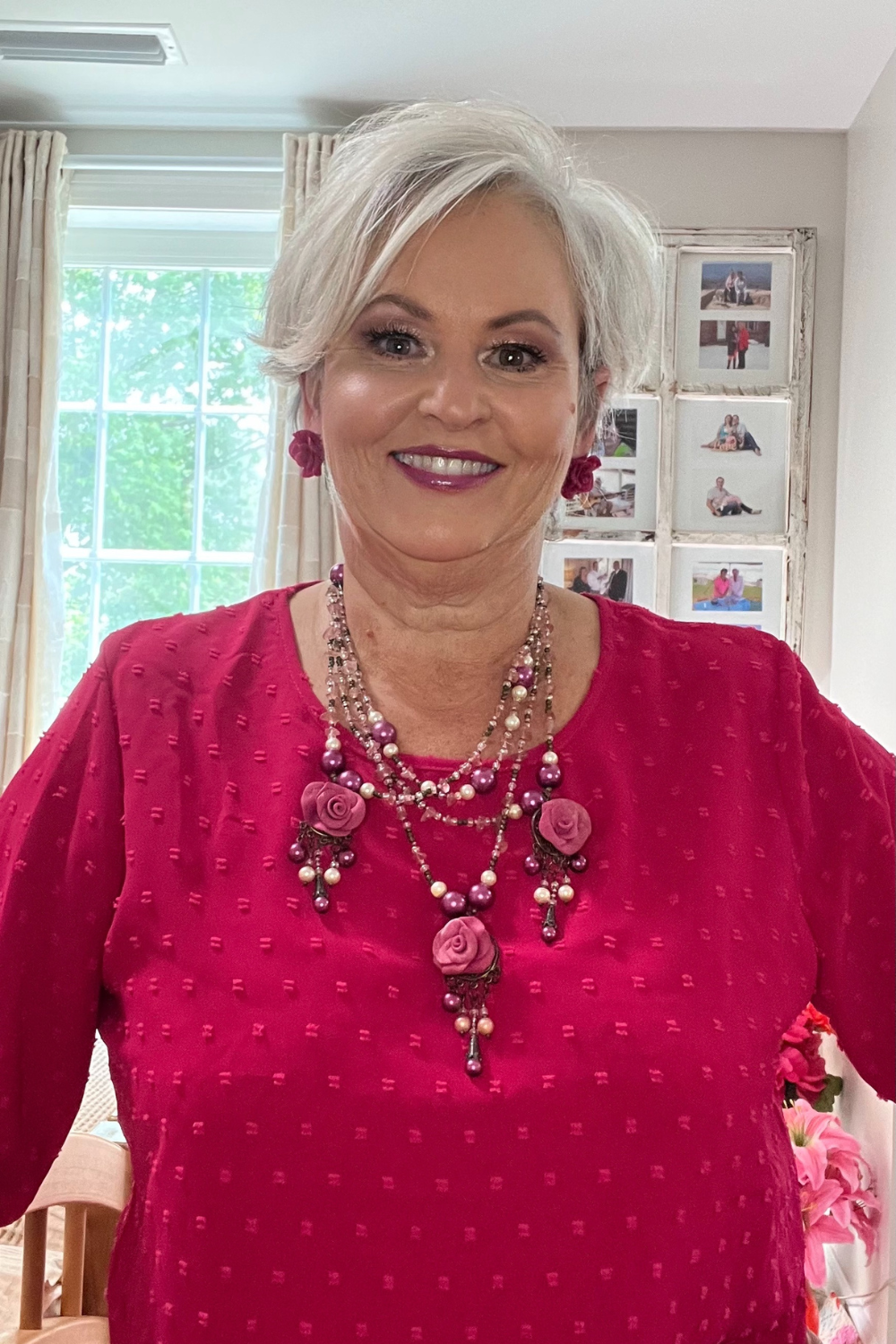 Swiss Dot Round Neck Petal Sleeve Top – Cerise Pink