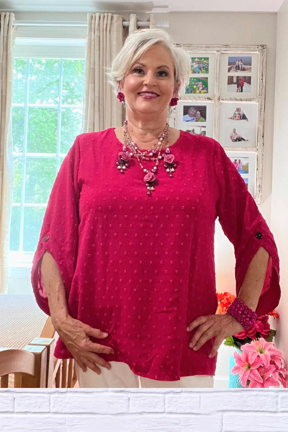Swiss Dot Round Neck Petal Sleeve Top – Cerise Pink