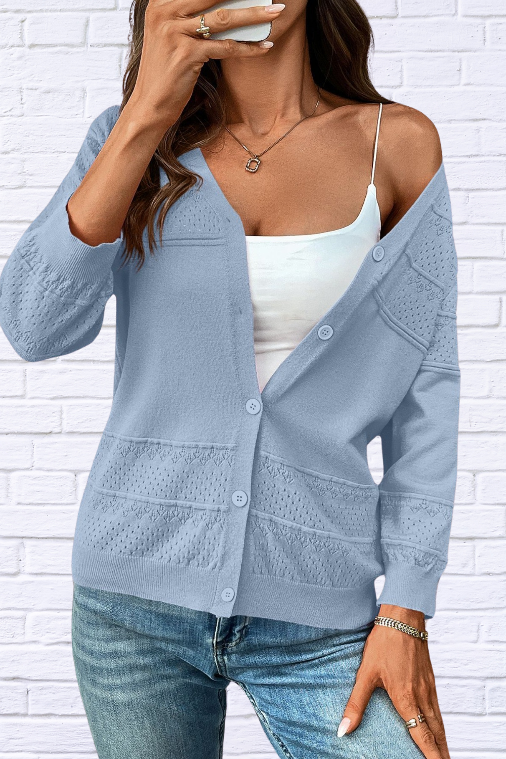 Textured Button-Front Cardigan with 3/4 Sleeves