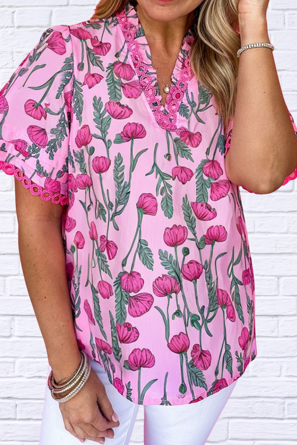 Floral Notched Short Sleeve Blouse – Pink Bloom