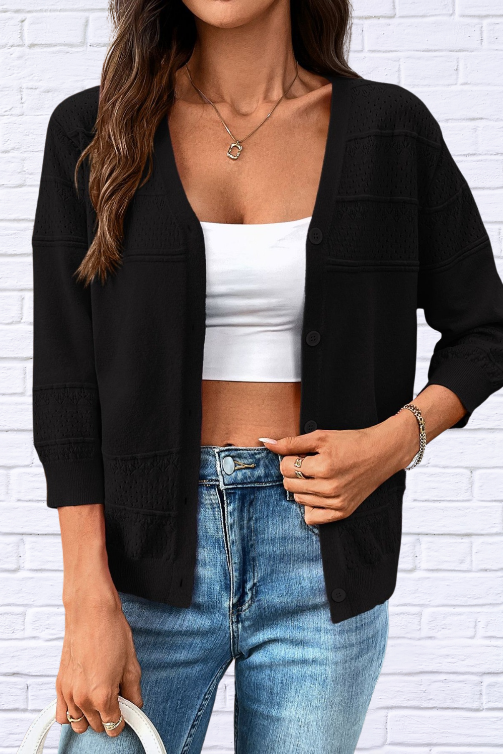 Textured Button-Front Cardigan with 3/4 Sleeves