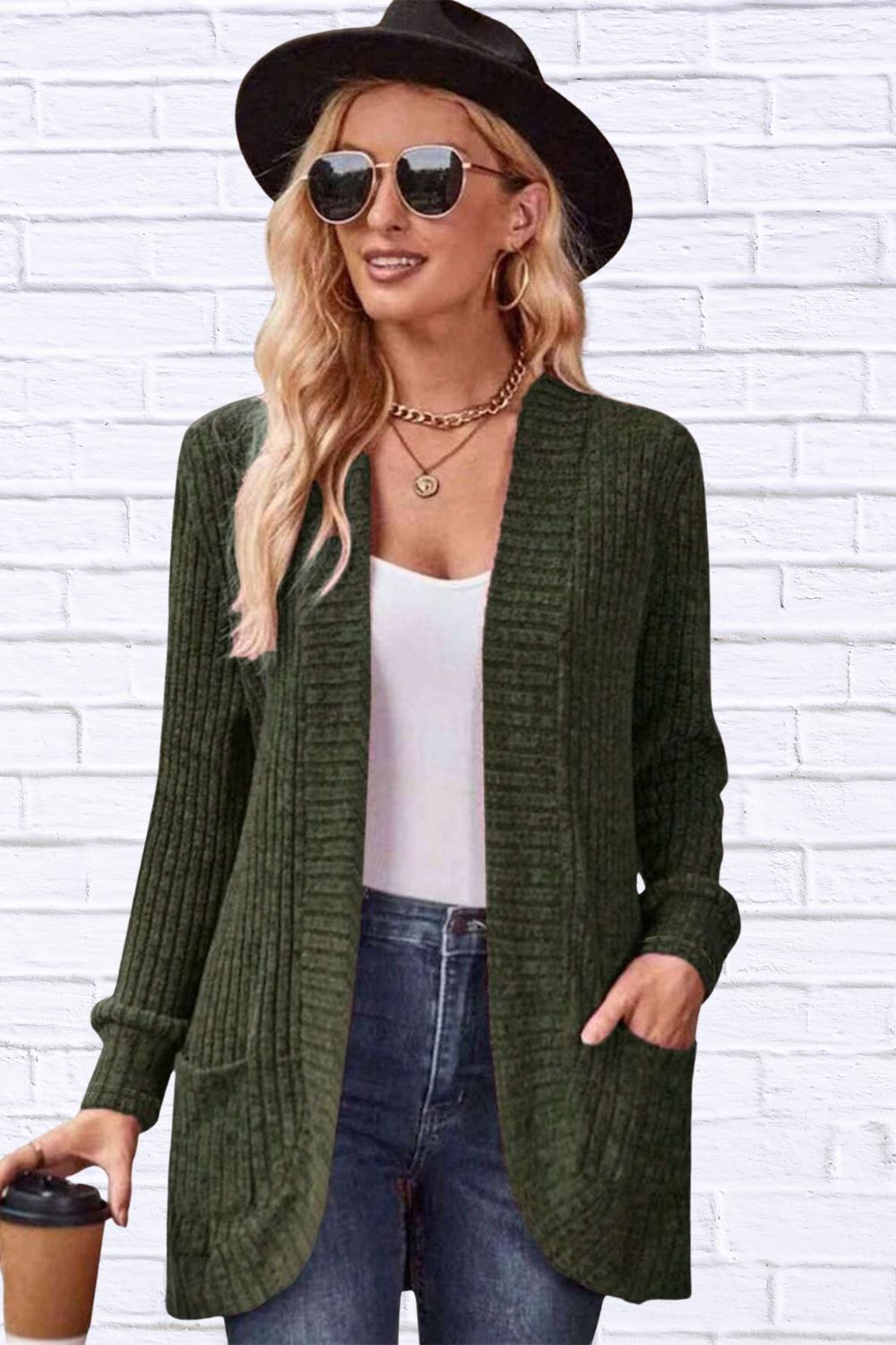 Ribbed Open Front Long Cardigan with Pockets