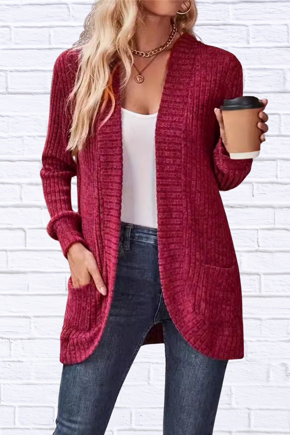 Ribbed Open Front Long Cardigan with Pockets