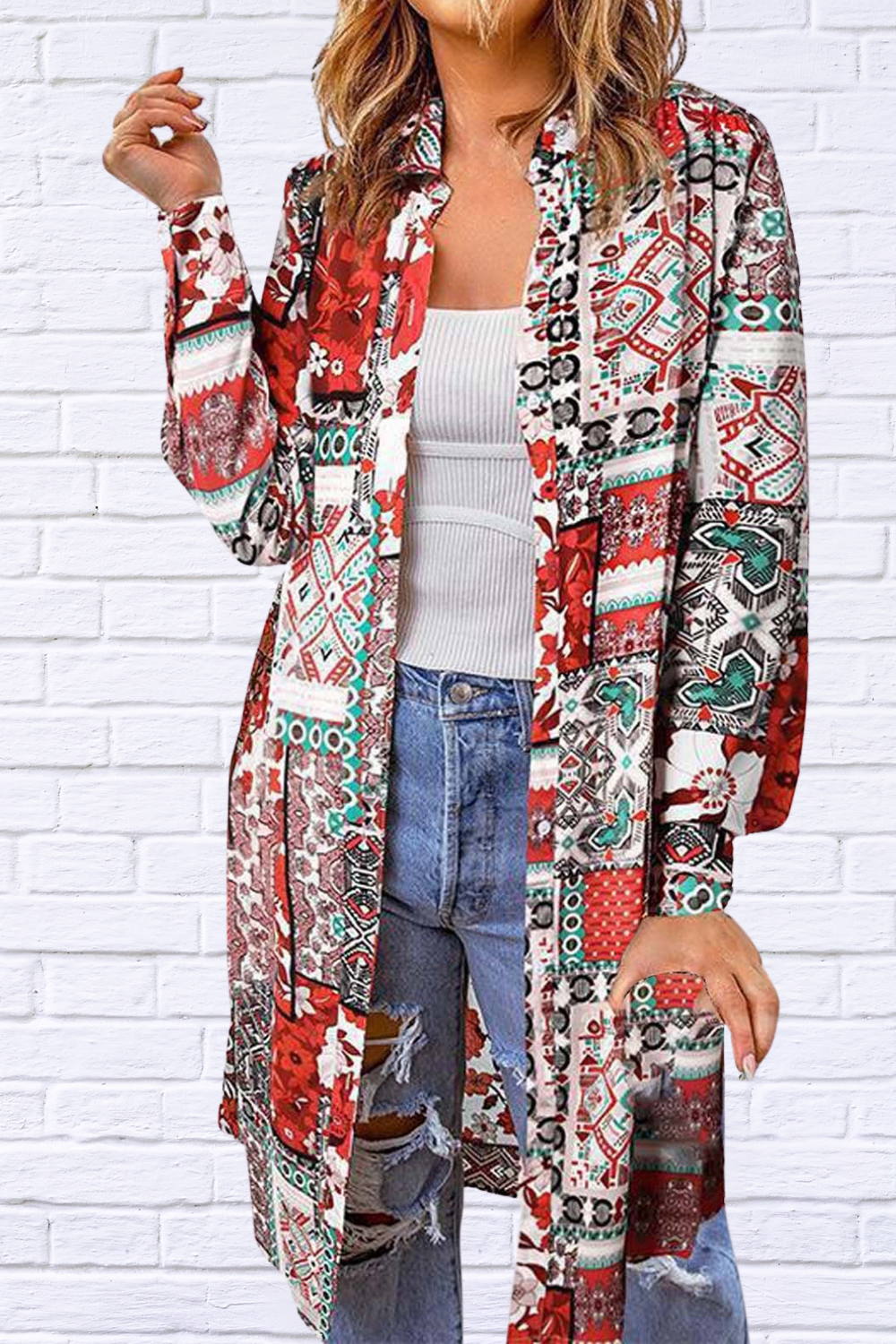 Printed Button Up Long Sleeve Top