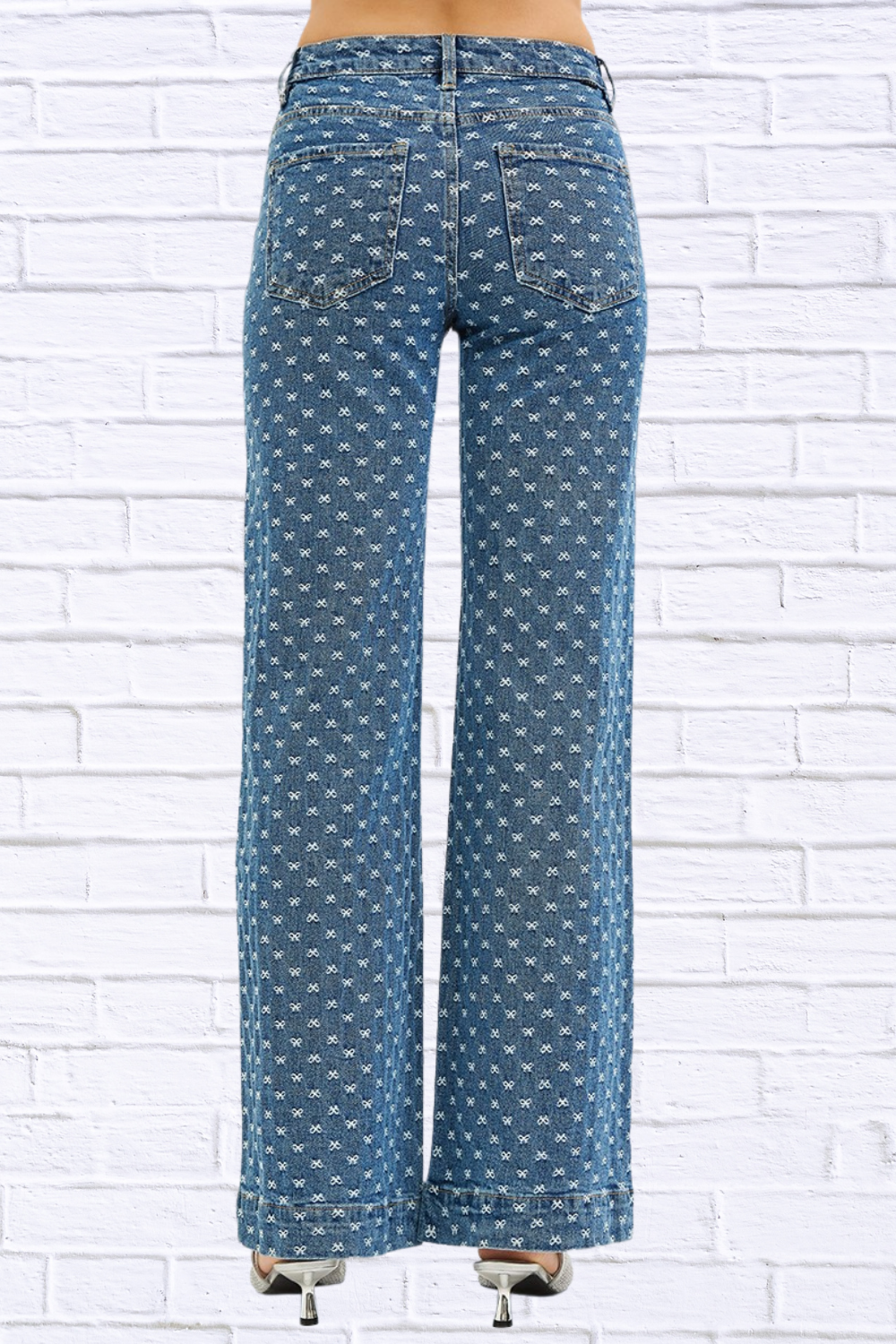 RISEN High Rise Wide Leg Bow Embroidered Jeans