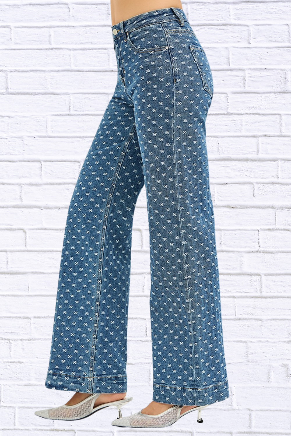 RISEN High Rise Wide Leg Bow Embroidered Jeans