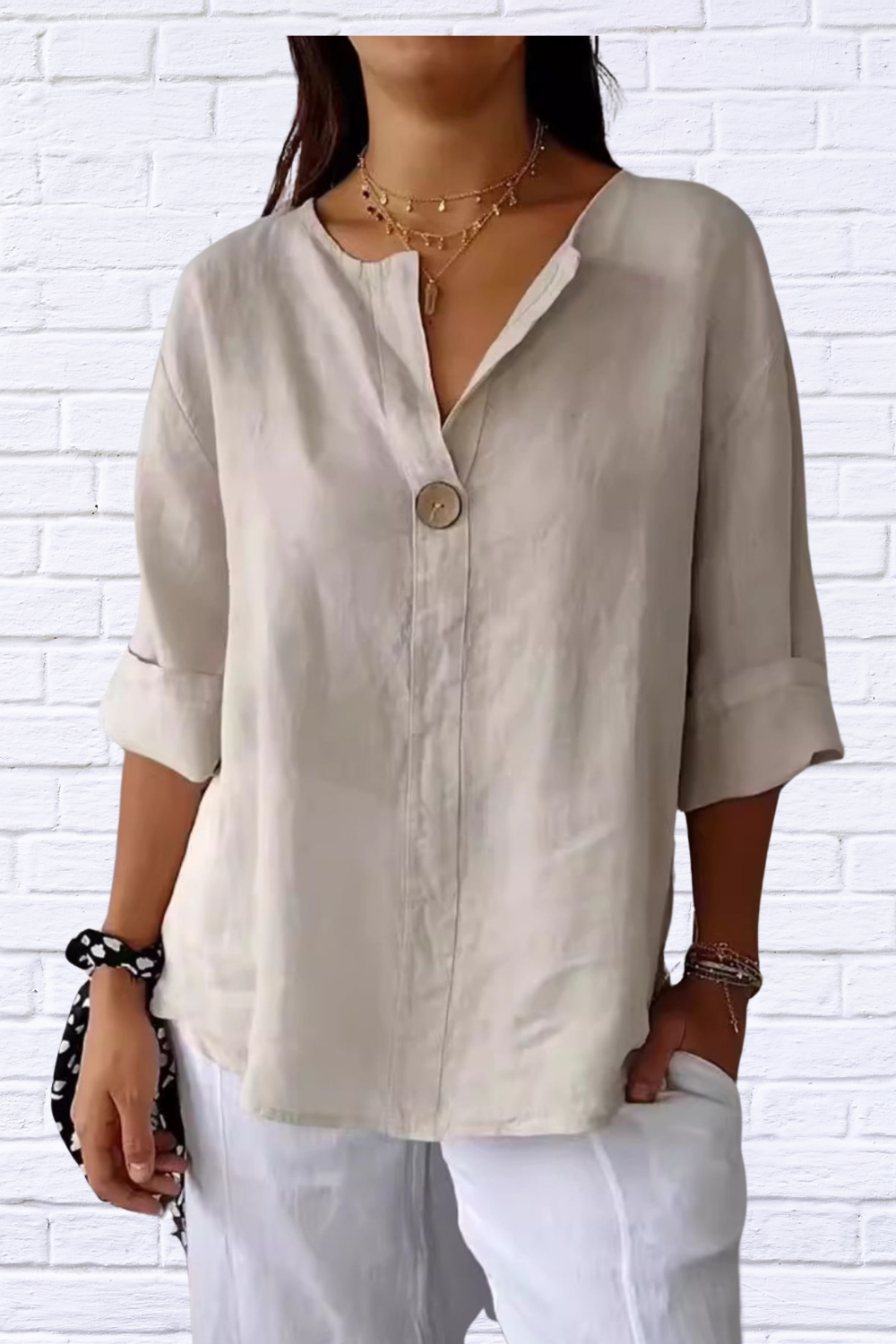 Full Size Linen Blend Notched Blouse Plus Size