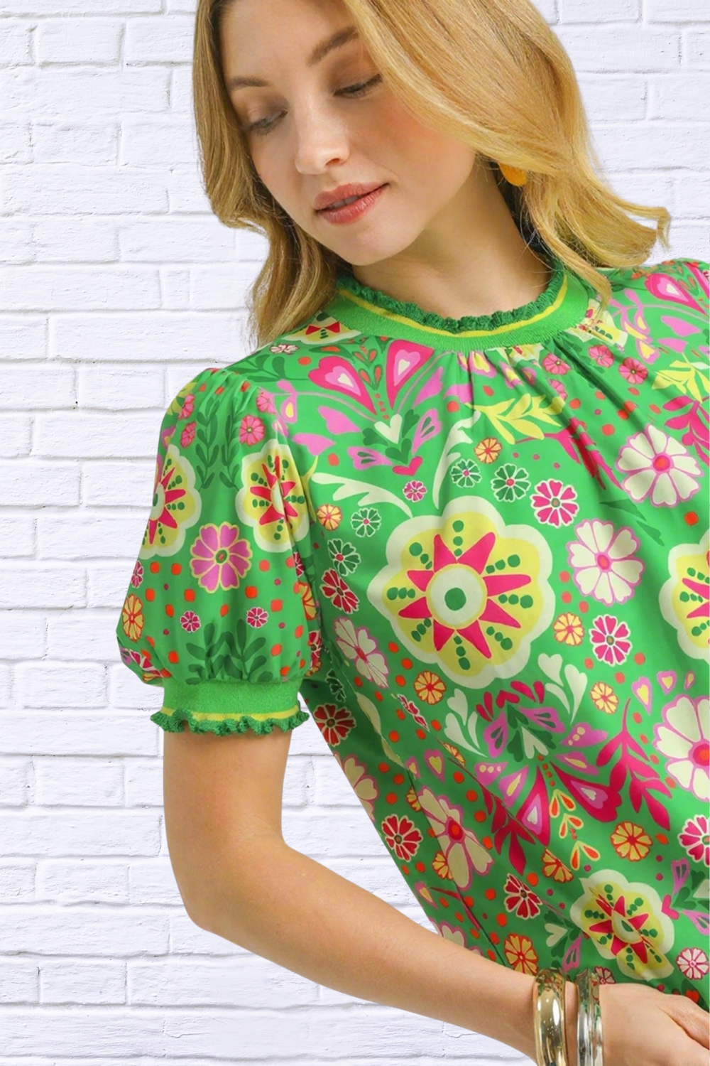 Vibrant Floral Puff Sleeve Blouse – Green