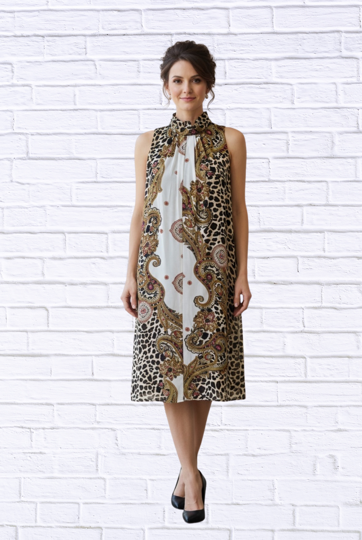 Animal and Paisley Print Sleeveless Maxi Dress – High Neck Bow Detail Flowy Woven Dress