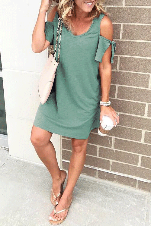 V Neck Cold Shoulder Solid T Shirt Dress