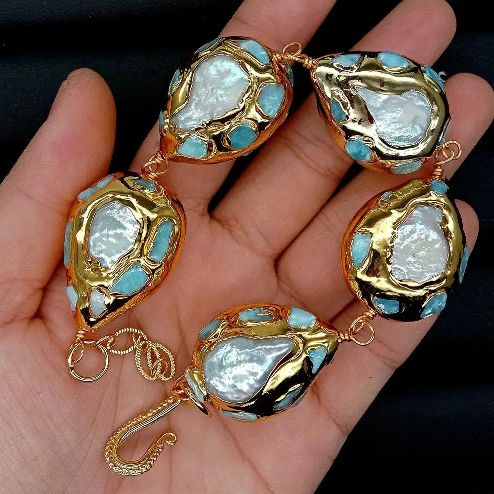 Blue Larimar with Freshwater Pearls Wrap Bracelet