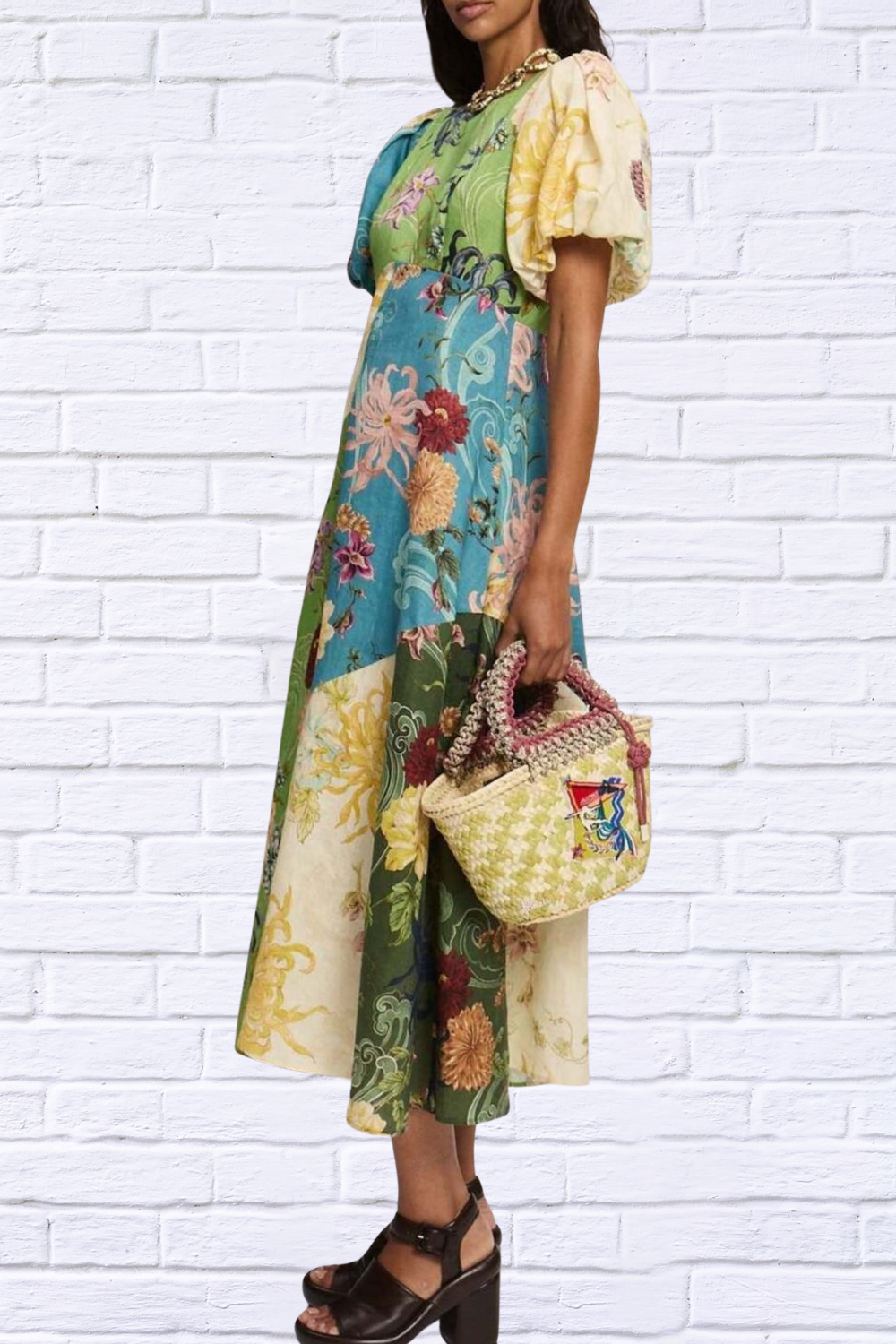 Printed Round Neck Puff Sleeve Dress