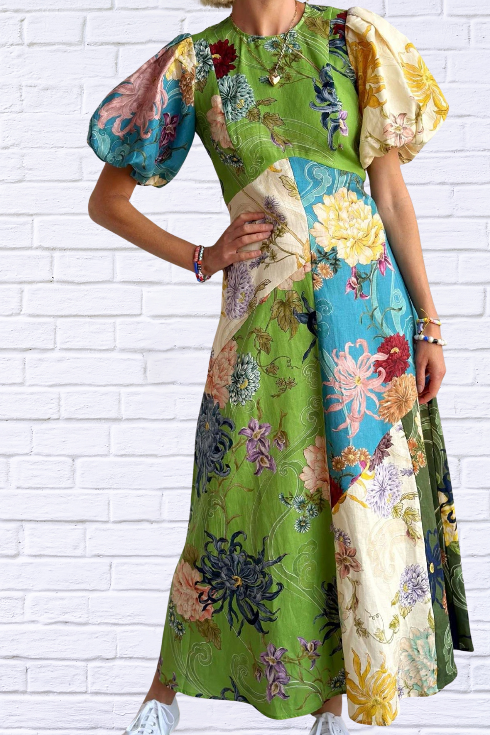 Printed Round Neck Puff Sleeve Dress