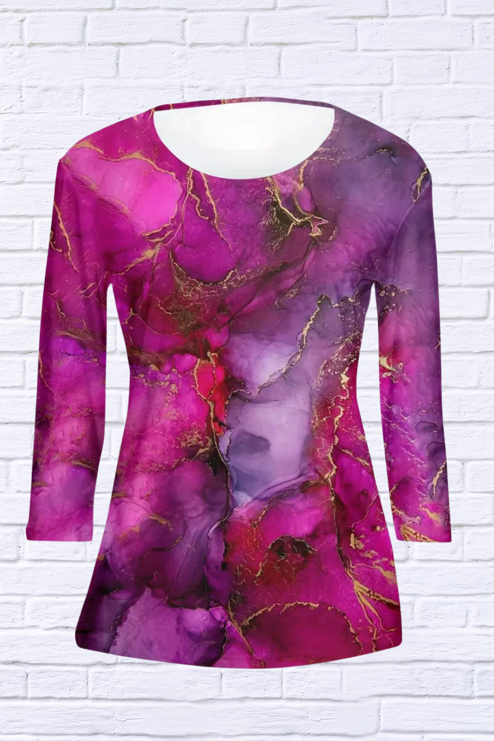 Three-Quarter Sleeve Marble Crew Neck T-Shirt