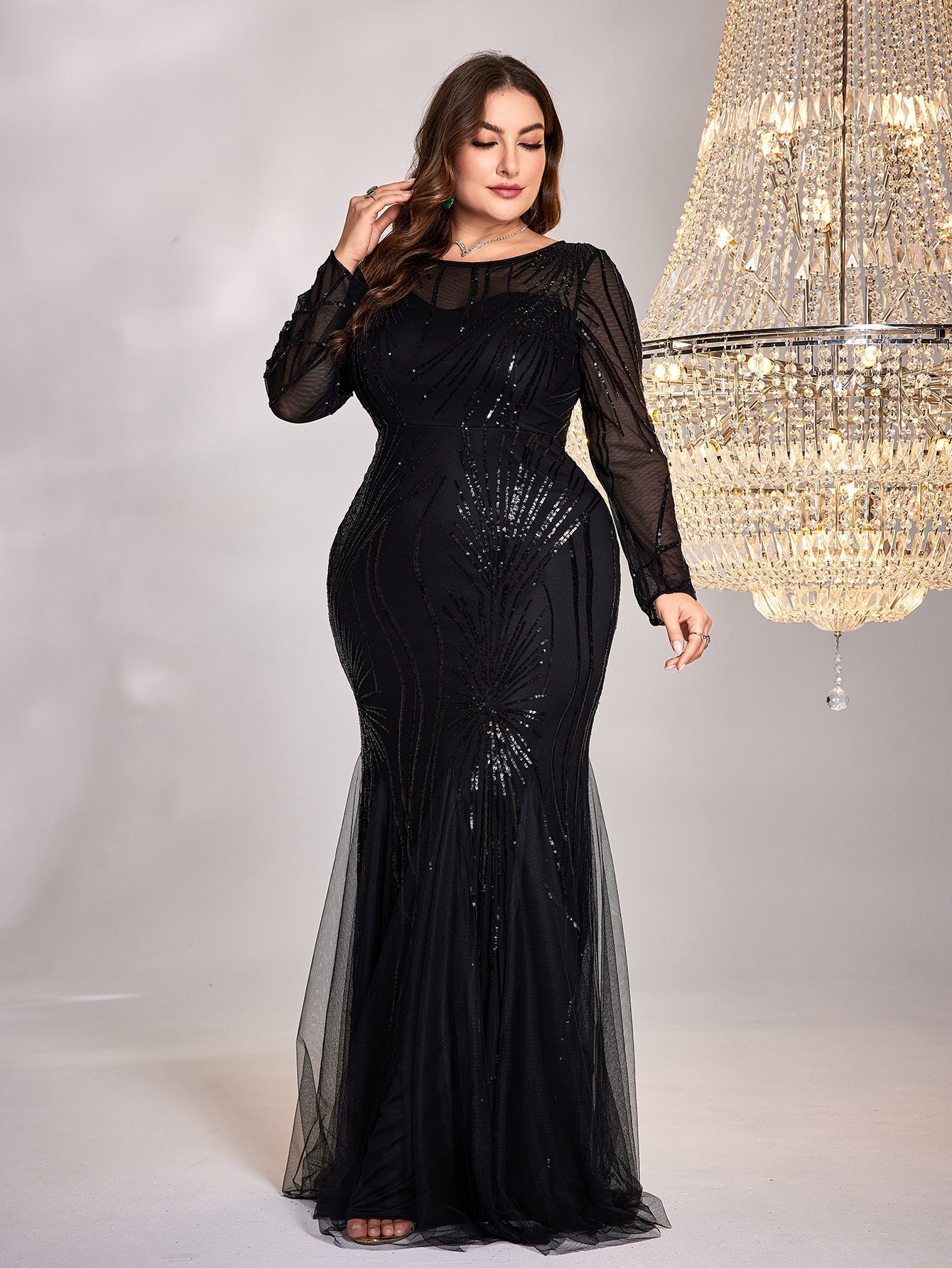 Plus Size Dress Long Sleeve Round Neck Bridesmaid Cocktail Evening Dress