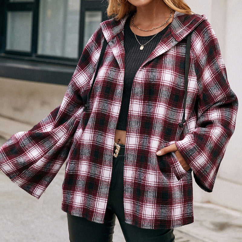 Checked Plaid Hooded Shirt Jacket