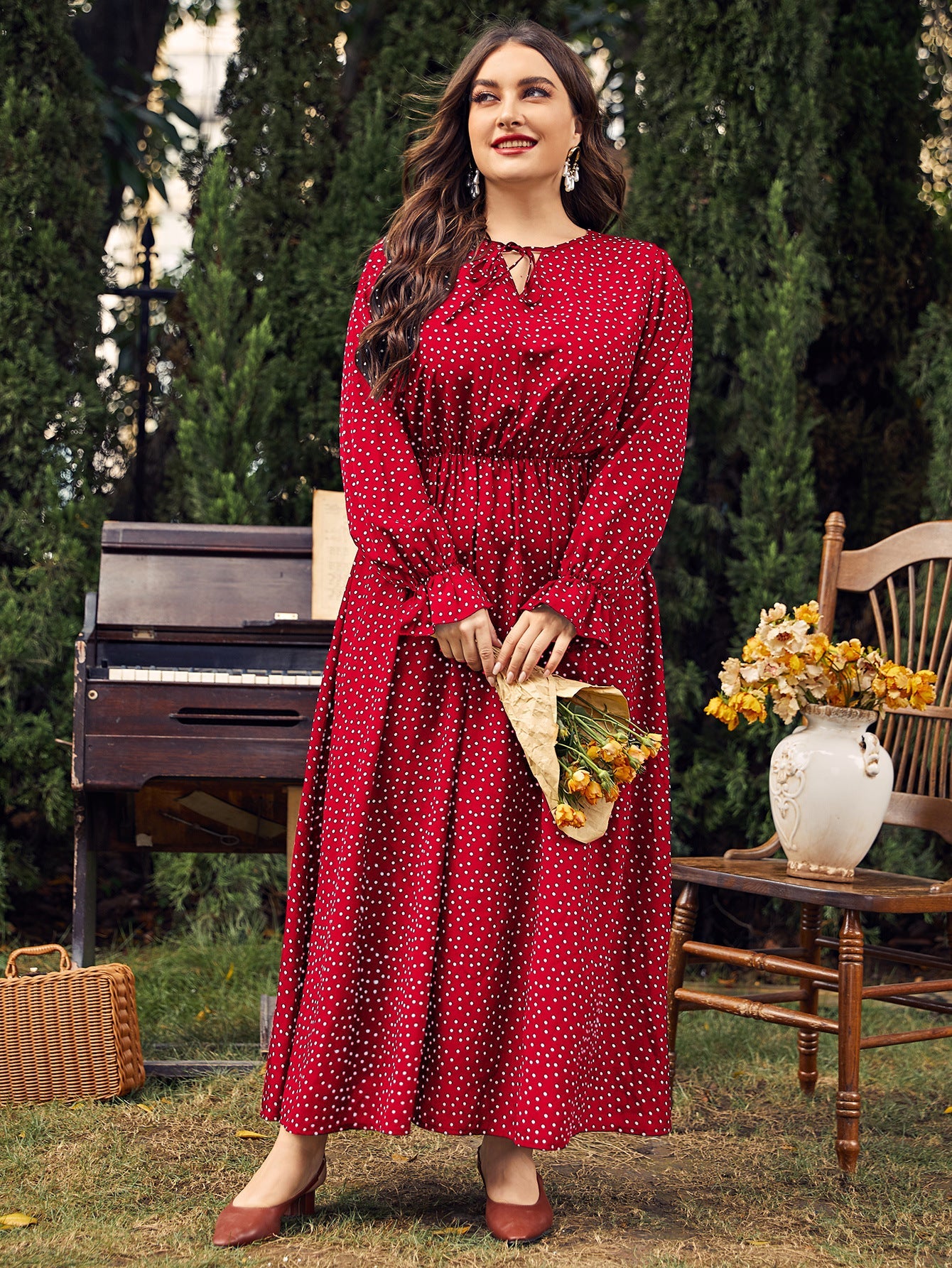 Plus Size Polka Dot Long Sleeves Dress