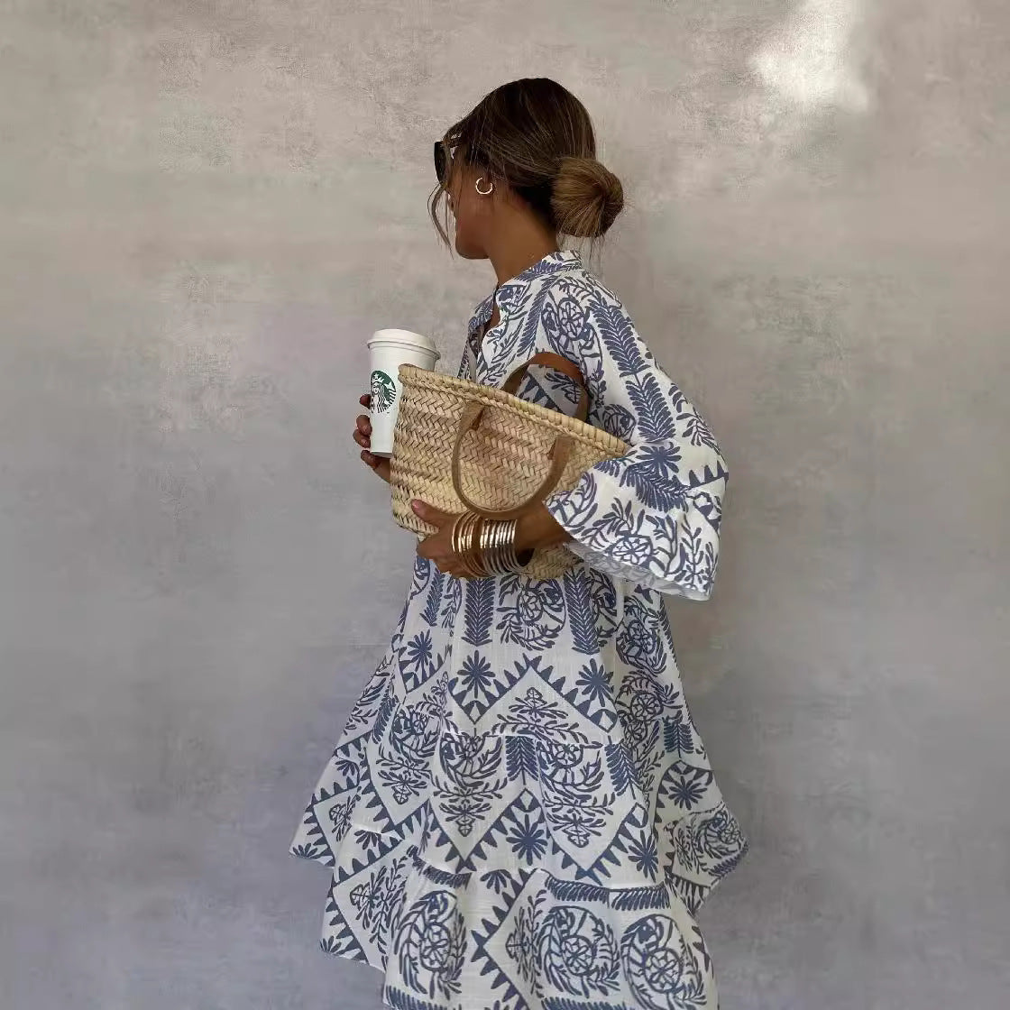 Dress Casual Printed 3/4 Sleeves Shirt Dress for Women