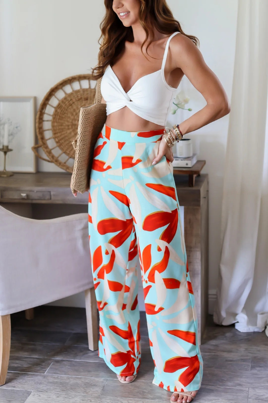 Leaf Print High Waist Straight Leg Pants