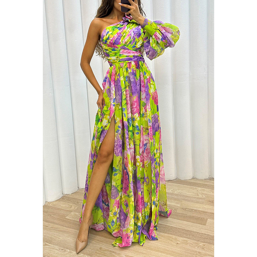 Printed One Shoulder High Split Maxi Dress