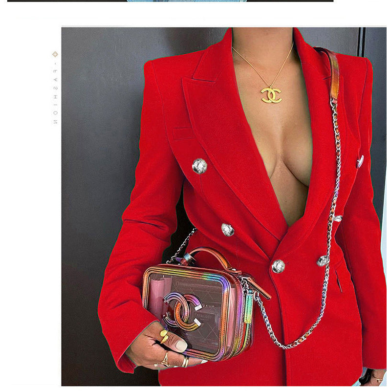 Double Breasted Solid Color Long Sleeve Blazer