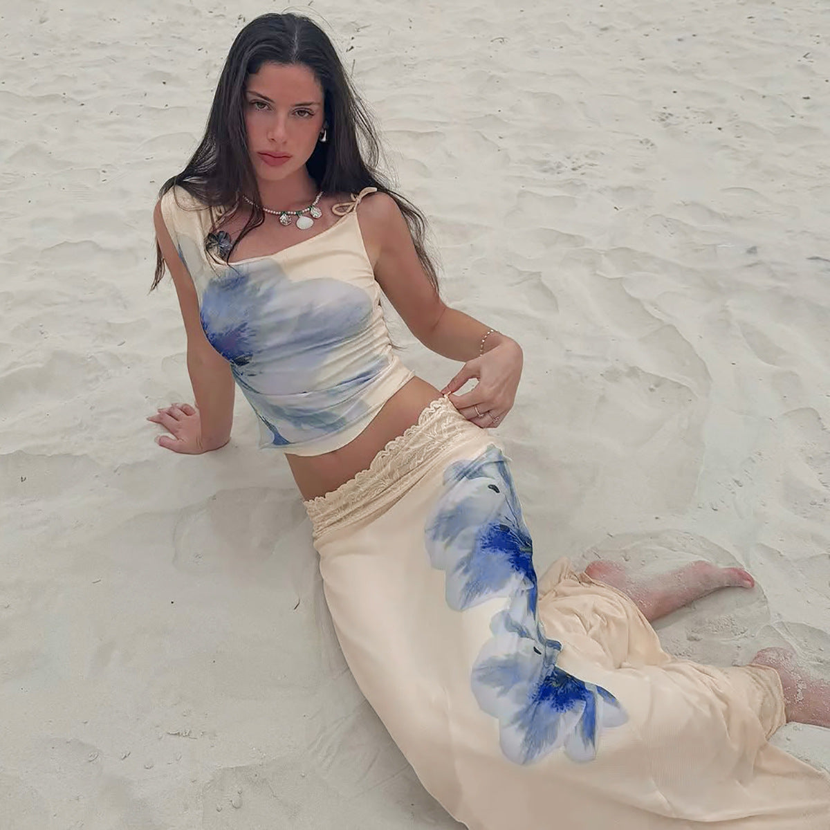 Women Clothing Summer Printed Diagonal Collar Lace up Top Slim Wave Edge Skirt Set