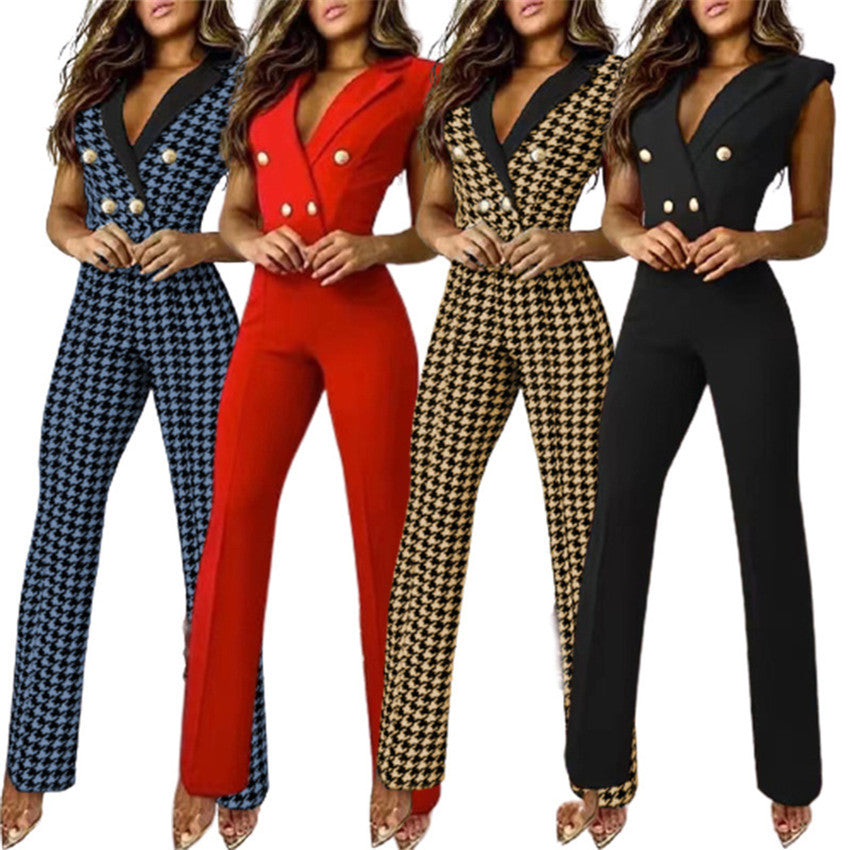 V-neck Sleeveless Houndstooth Jumpsuit