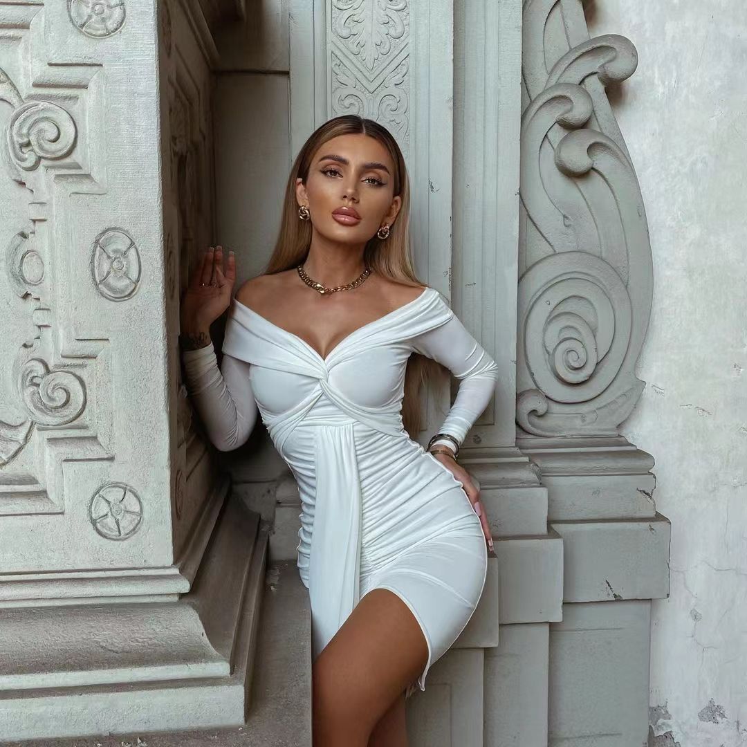 Sexy V neck off Shoulder Long Sleeve Dress