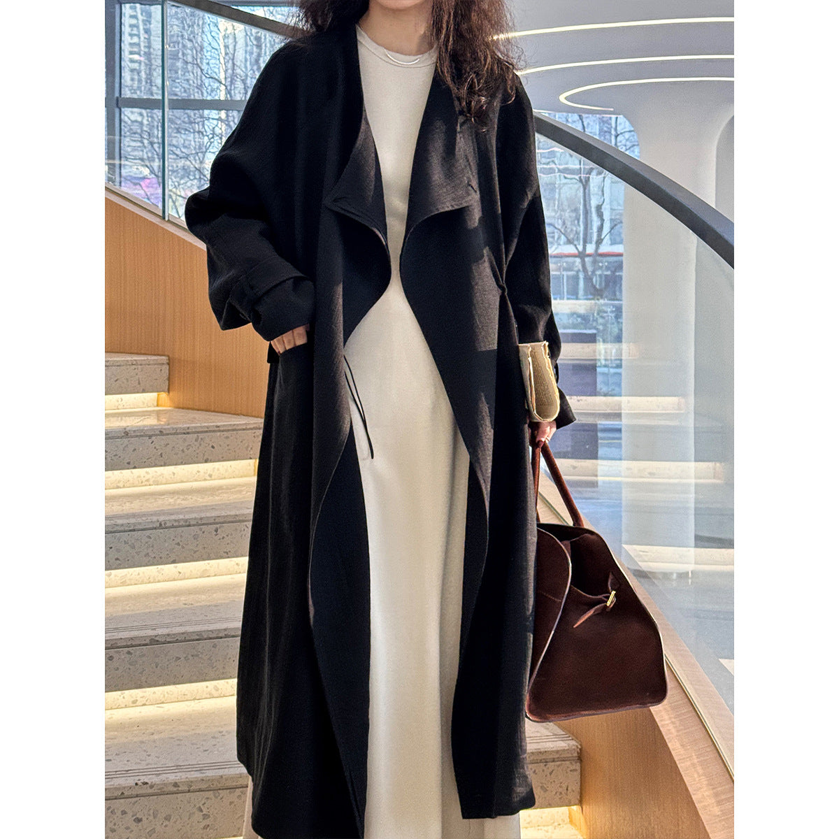 Cotton Linen Drawstring Long Coat