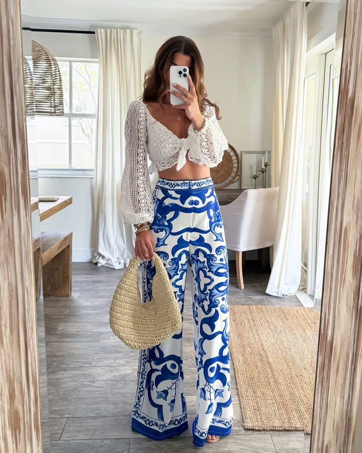Blue Wide Leg Casual Pants