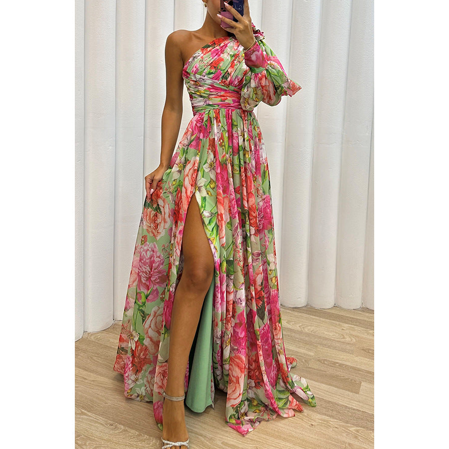 Printed One Shoulder High Split Maxi Dress