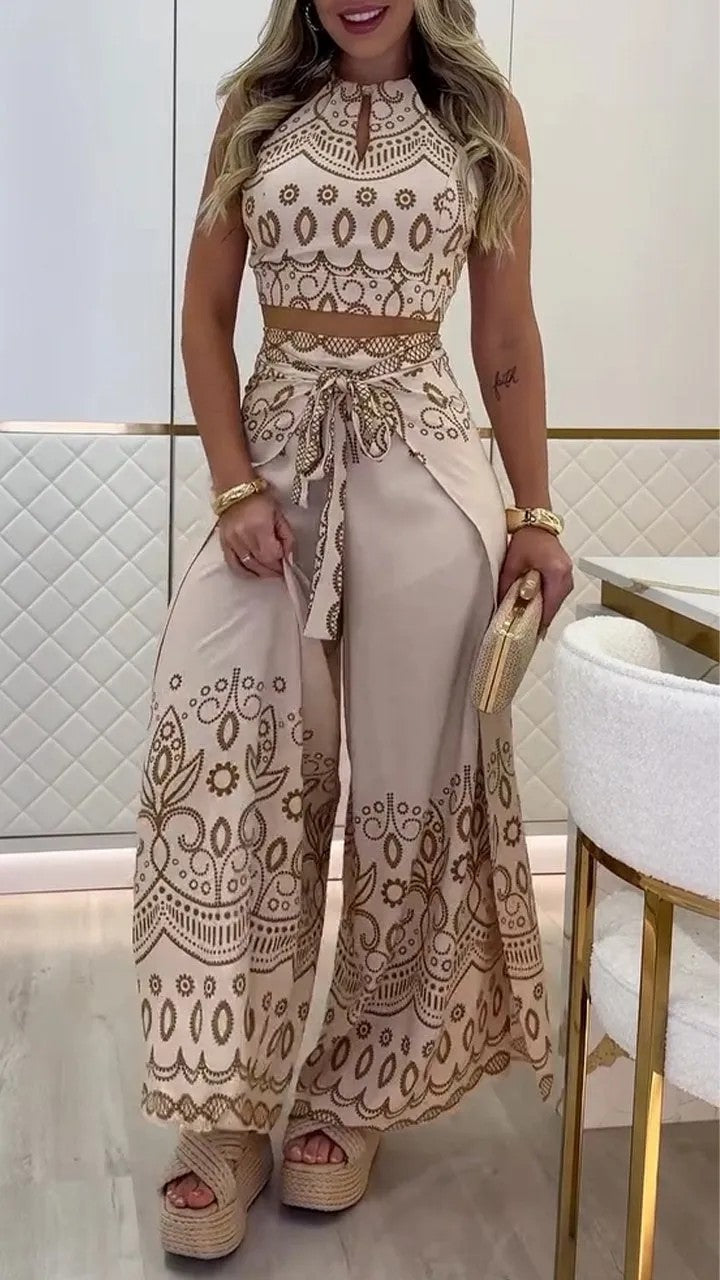 Boho Halter Top & Wide Leg Pants Two Piece Sets