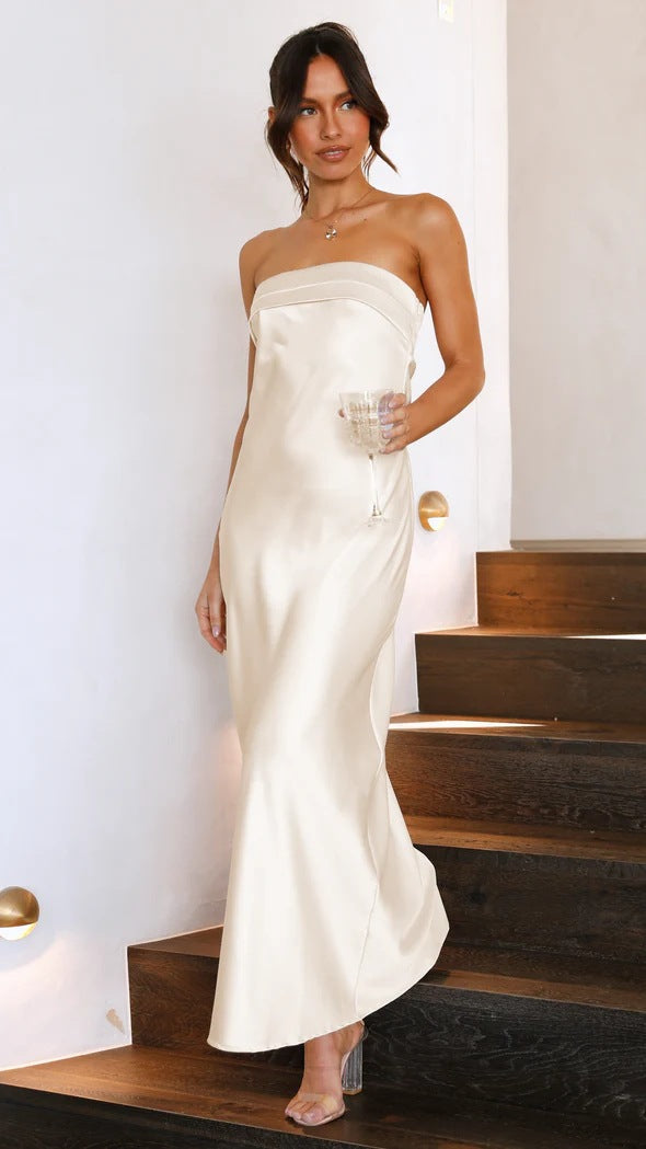 Satin Open Back Strapless Dress