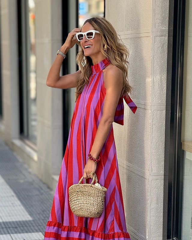 Dress Internet Celebrity Halter Backless Striped Printing Length Dress
