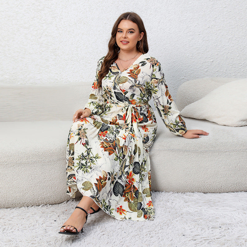 Plus Size Dress Printed V neck Long Sleeve Floral Dress