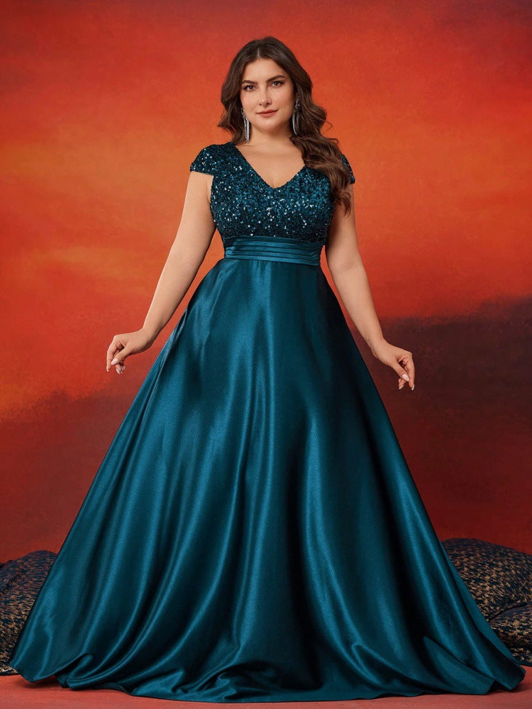 Sequined V neck Evening Dress