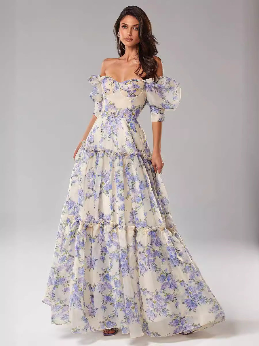 Off Shoulder Floral Printed Maxi Dress