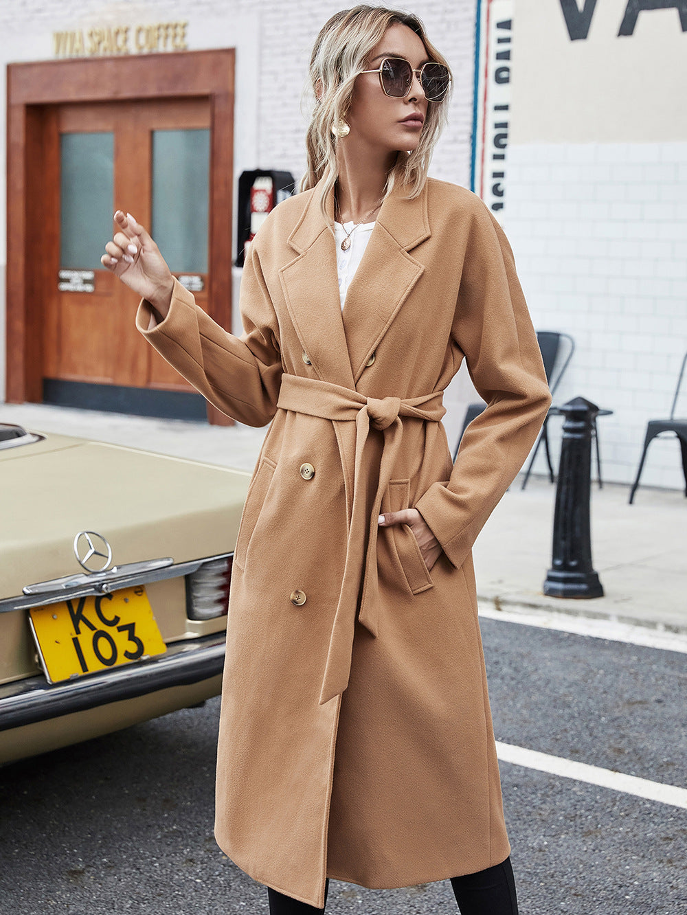 Woolen Lace-up Double Breasted Coat Outerwear